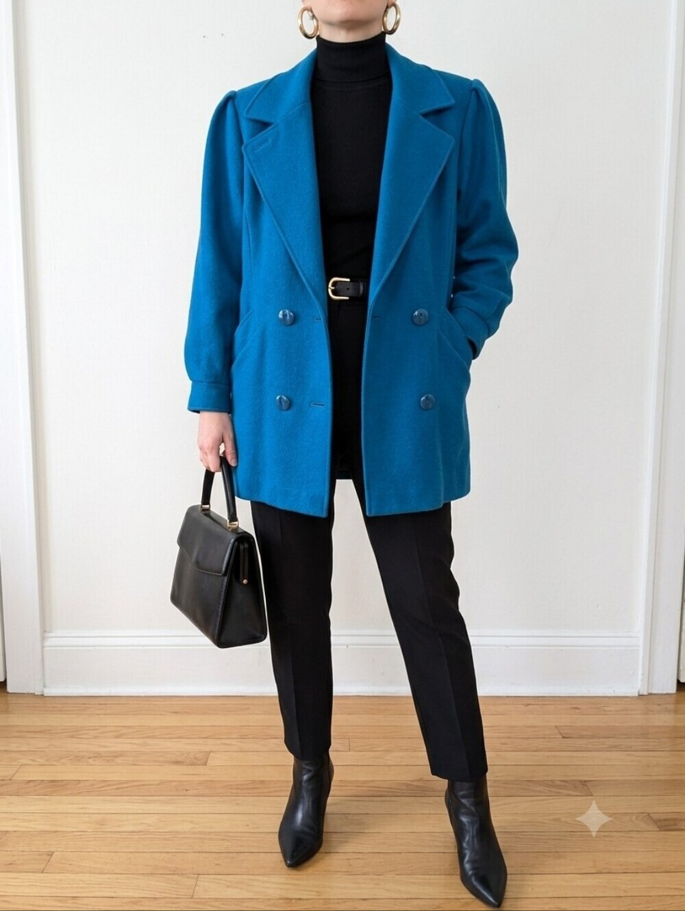 Vintage 80s Wool Blend Oversized Double Breasted Statement Coat Peacock Blue M/L